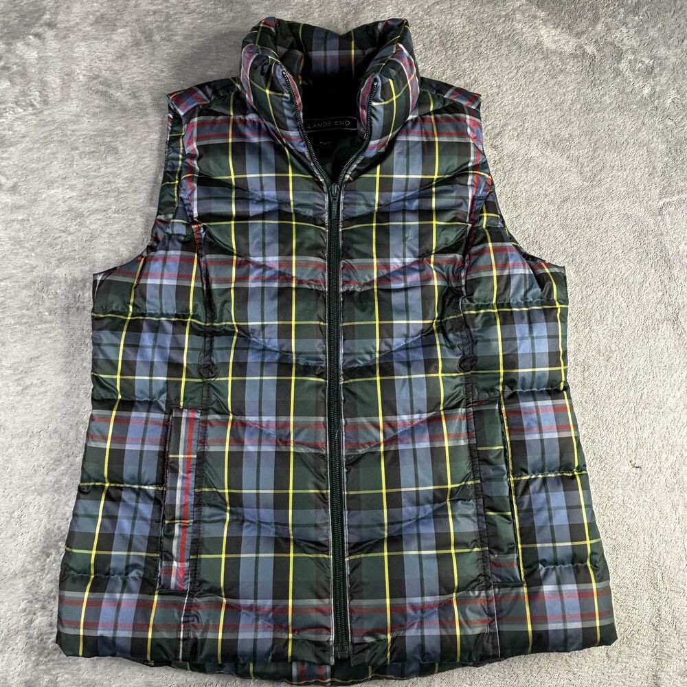 Lands End Puffer Vest‎ Womens XS Plaid Down Insulated Green Blue Yellow Pockets
